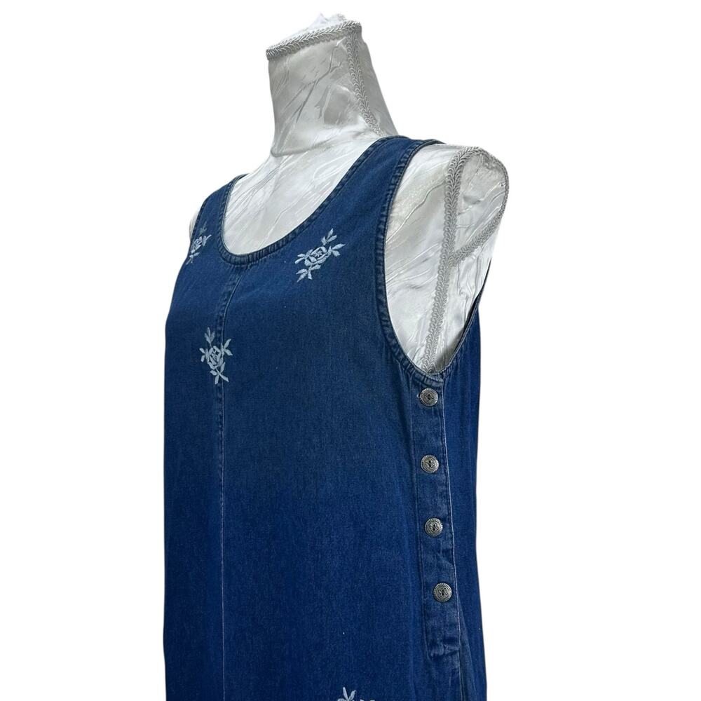 Vintage Embroidered Denim Dress Floral Sleeveless Button Side Blue Womens Small - Picture 5 of 11